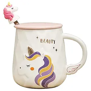 The Decor Wick Ceramic Mug with Spoon and Lid, Cartoon Printed Mug for Girls & Boys,Coffee Mug, Milk Mug Gift for Kids - Multicolor (Pack of 1) (Unicon Spoon Mug) (Unicon Spoon Mug)