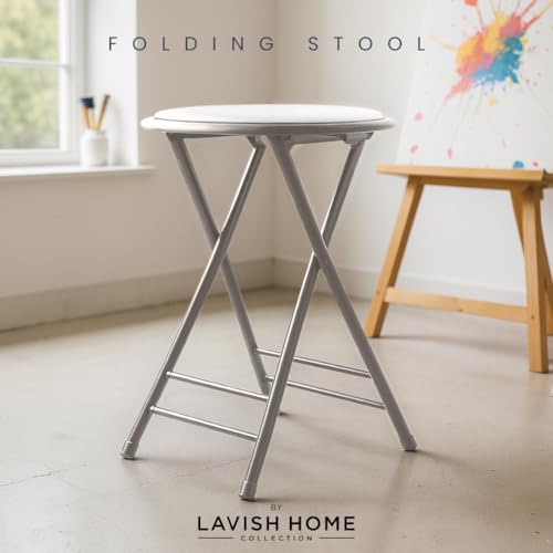 Image of Lavish Home Folding Stool with Padded Backless Seat, White, 24 Inch | Counter Height Bar Stools with 225lb Capacity, Portable Indoor & Outdoor, Extra Seat for Kitchen, Rec Room or Camping