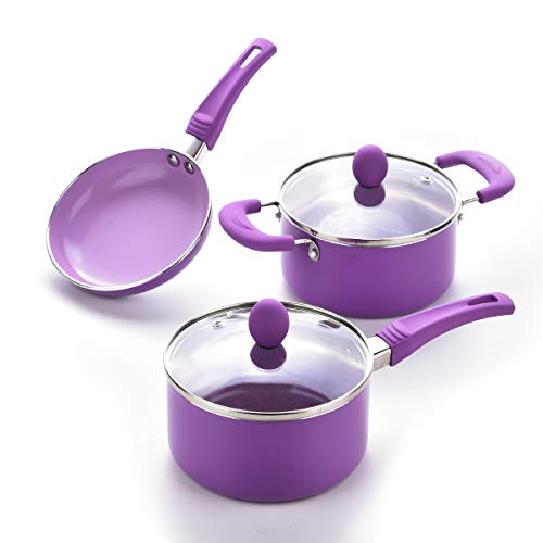 Caannasweis 3 Piece Cookware Set, 5.5" Nonstick Frying Pan, sauce pan and soup pan with glass lid set (Purple)â€¦