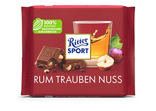 Nuevo diseño: RITTER SPORT Rum Uva Nuez 100 g, chocolate con leche entera con ron de Jamaica real, uvas afrutadas y trozos de nueces, chocolate con aroma a ron para disfrutar del Caribe