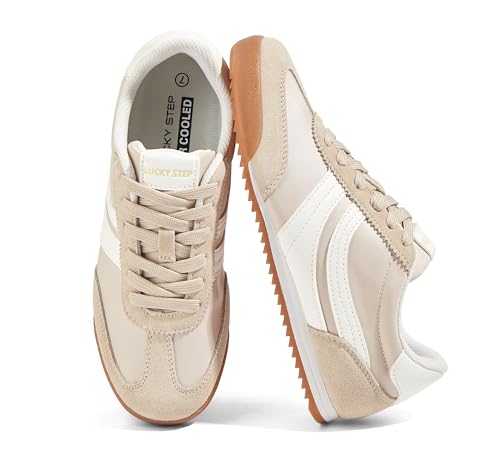 LUCKY STEP Women's Thin Retro Slim Tennis Sneakers,Beige,8