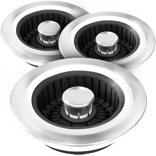 Kitchen Sink Drain Strainer - 3Pack Sink Stopper, Drain Protector, Kitchen Drain Plug & Sink Installation Parts with Anti-Clogging Basket, Fit US Standard 3-1/2'' Sink Drain Hole, Black