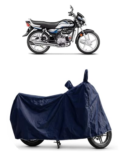 Image of Shield Heavy Duty Bike Cover for Hero Hf Deluxe | All-Season, Tear-Proof Fabric | with Side Mirror Pocket & Buckle Belt | Hero Hf Deluxe Bike Cover (Blue)