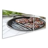 islandburner Bild auf Leinwand Drei saftige Steaks brutzeln auf glühendem Grill, verbreiten delikate Aromen Küche Steakhaus/Grillrestaurant Leinwandbild