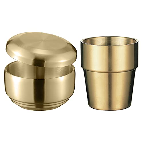 UPTALY 1 pcs Cereal Bowl with Lid, 1 pcs Coffee Mug(Golden Color, Large Type B), Thickened 18/10 Stainless Steel Tableware, Double Wall Heat Insulation, Rice Bowl with Saucer, Unbreakable Camping Mug
