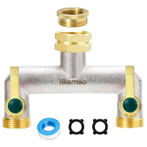 iBamso Divisor de manguera de jardín, divisor de grifo de 2 vías, adaptador de manguera divisor de grifo de latón resistente de 3/4 pulgadas, conector de grifo de mango de metal extendido con válvulas