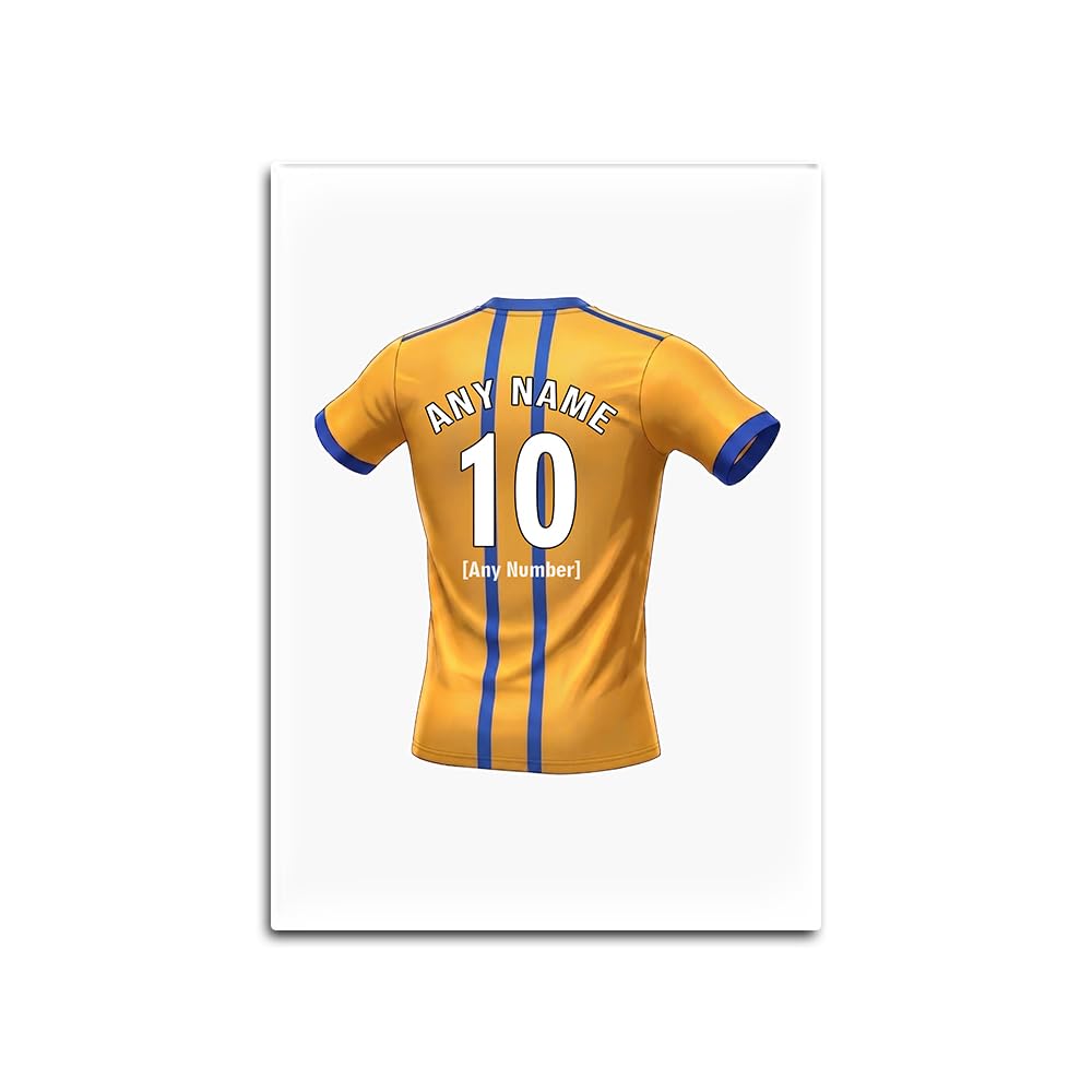 UNIGIFT Personalised Gift - Mansfield Area Fan White Glass Fridge Magnet (Amber and Blue Football Jersey Design) Custom Name - Nottinghamshire NG18 Club