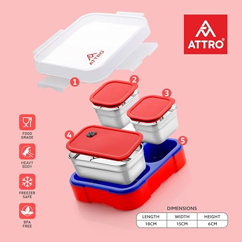 Image of ATTRO Prime Admire 3 Lunch Box with Sipstar Water Bottle, School Tiffin Combo-Green Red