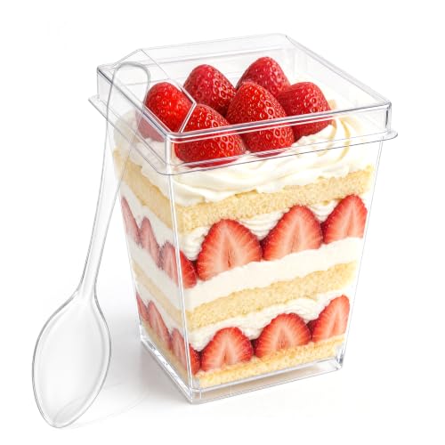 Ouxayapl Dessertgläser Plastik 160 ml mit Deckel - 50 Stück Wiederverwendbare Dessertbecher Plastik mit 50 Wiederverwendbaren Löffeln | Ideal für Mousse Kuchen Eis Joghurt Pudding