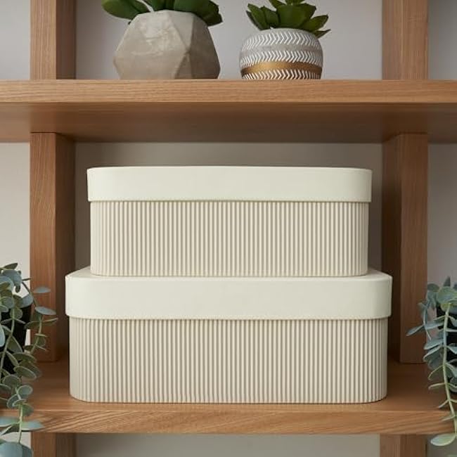 Decorative Storage Boxes with Lids ¨C Set of 2 Beautiful Fluted Cardboard Organizer Bins for Your Home Bookshelf Decor to Safely Store Your Documents, Memory Box Items and Other Keepsakes in Style