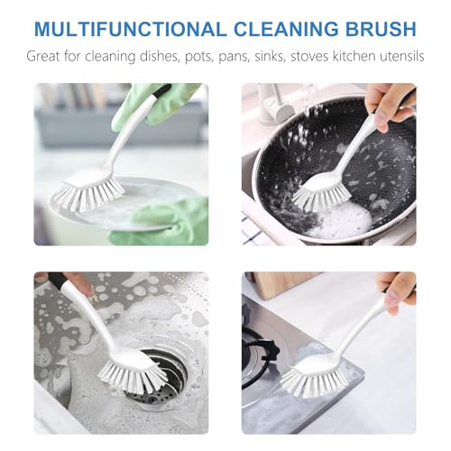 Image of SetSail Dish Brush with Handle, 2 Pack Stiff Bristles Dish Scrubber with Built-in Scraper Dish Scrub Brushes for Cleaning Dishes, Pots and Pans, Kitchen Sink, White