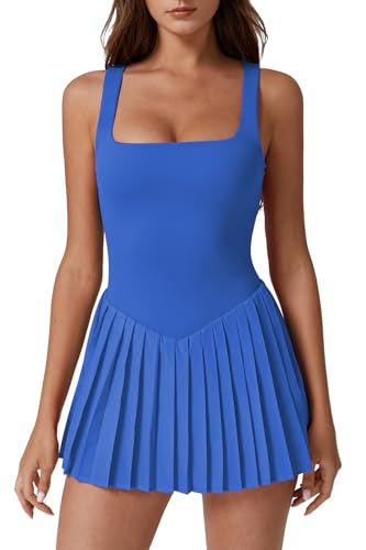 Image of QINSEN Womens Square Neck Tennis Dress Pleated Sleeveless Built in Shorts Golf Athletic Dress with Pockets