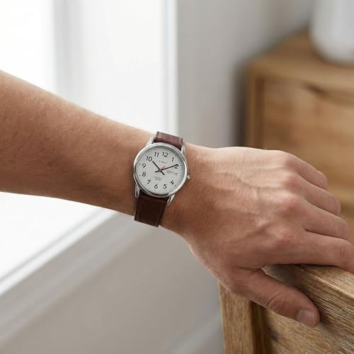 Timex Men's Easy Reader 35mm Day-Date Watch β Silver-Tone Case White Dial with Dark Brown Leather Strap - 5