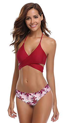 image for SHEKINI Womens Bathing Suits Push Up Halter Bandage Bikini Floral Prin
