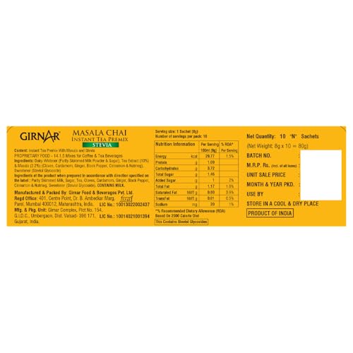 Image of Girnar Instant Masala Chai Premix With Stevia Black Tea Granules-10 Sachets,90 Grams