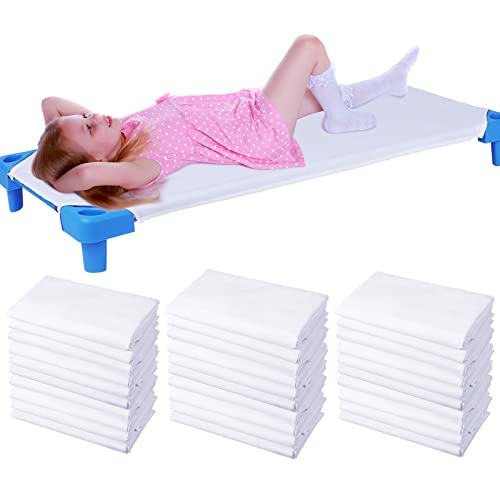 Macarrie 30 Pcs Daycare Cot Sheets for Toddler and Preschool Pure Cotton Breathable Fabric Sheets Standard Daycare Cot Bed Fitted Sheet for Boys and Girls, 51.18'' L x 23.62'' W(White)