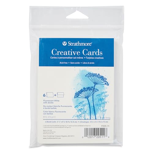 Image of Strathmore Creative Cards, Flourescent White with Deckle Edge, Announcement Size, 3.5x4.875 inches, 6 Pack, Envelopes Included - Custom Greeting Cards for Weddings, Events, Birthdays