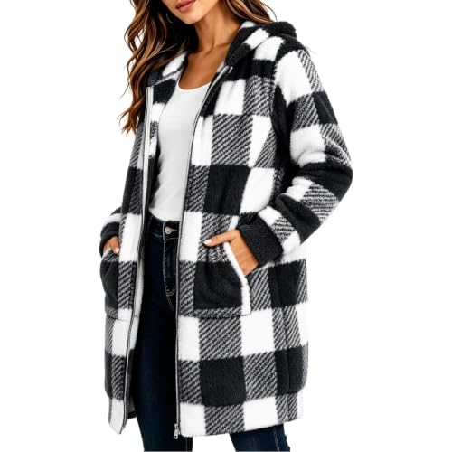 MaMiDay Fleece Jacket Women Plaid Sherpa Hooded Long Coat with Pockets - image 6