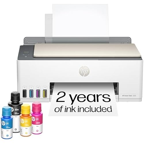 HP Smart Tank 5000 Wireless All-in-One Ink Tank Printer, Scanner, Copier with 2 Years of Ink Included, Best-for-Home, Cartridge-Free, Refillable and AI-Enabled. (5D1B6A)