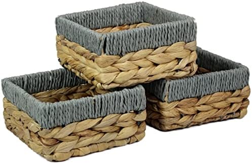 Square Water Hyacinth Small baskets for storage Natural and Grey wicker basket shelves open Decorative gift box Small bathroom mini tray makeup bathroom Kitchen organiser (Large 22cm, 2 x Basket)