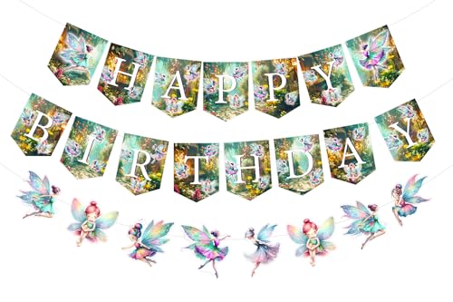Fairy Theme Happy Birthday Banner Garland for Girls Magic Forest Birthday Decorations Fairy Garden Bday Decors Butterfly Flower Party Decor Enchanted Forest Fairies Party Supplies