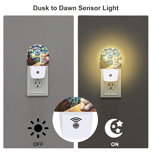Image of Starry Night and Cute Cat Night Light for Kids, Abstract Oil Painting Plug in Night Light with Dusk to Dawn Sensor, 0.5w Energy Saving Nightlight for Hallway Stairway Kitchen Bedroom