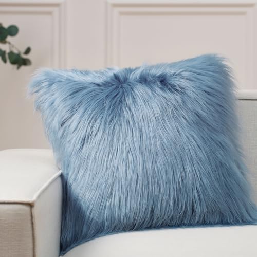 Image of Phantoscope Faux Fur Pillow Cover Decorative Fluffy Throw Pillow Mongolian Luxury Fuzzy Pillow Case Cushion Cover for Bedroom and Couch, Blue 18 x 18 Inches