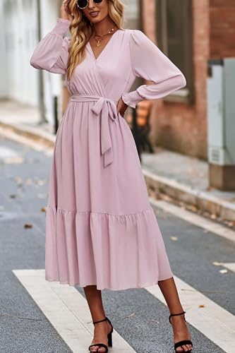 Image of PRETTYGARDEN Women's Floral Boho Dress Fall Long Sleeve Wrap V Neck Ruffle Flowy Maxi Spring Wedding Guest Vacation Dresses