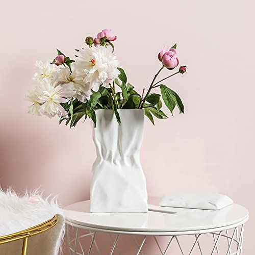 Levvohd White Pleated Ceramic Floral Vase, Unique Square Wide Mouth Paper Bag Large Flower Vases, Aesthetic Minimalist Boho Vase For Modern Trendy Home Room Table Centerpiece Decor (L5.3 X H9.4) #TOP7