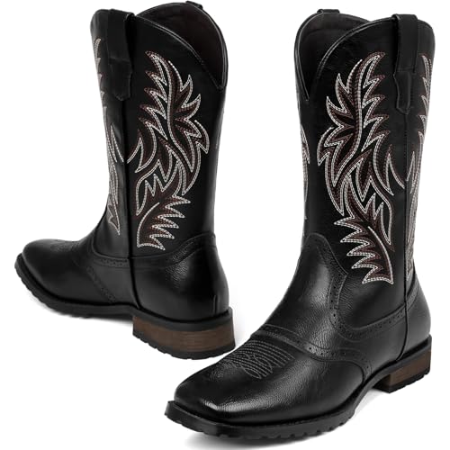 Cowboy Boots for Men, Western Men's Boots, Slip on Square Toe Boots, Slip Resistant Country Boots, Chunky Heel Ankle, Durable Short Boots for Spring Fall2