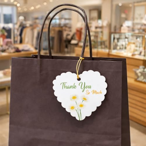 Image of CVANU Heart Shaped Thank You Tags 100-Pcs with Golden String, Floral Design Gift Tags for Wedding Favors| Birthday Party| Small Business Packaging (2.16x2.36 inch) D5