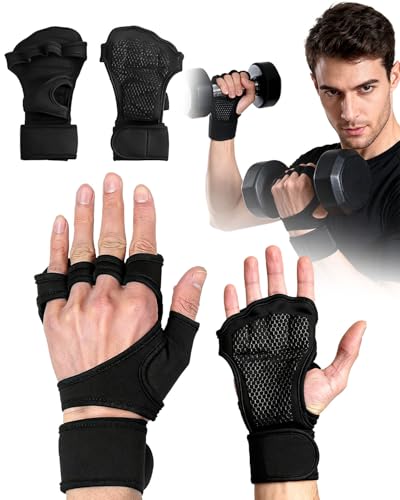 Trongle Abiertos Guantes Gimnasio Hombre y Mujer, Guantes de Fitness Transpirables con Muñequeras, Antideslizantes para Levantamiento de Pesas, Crossfit y Entrenamiento, Talla M