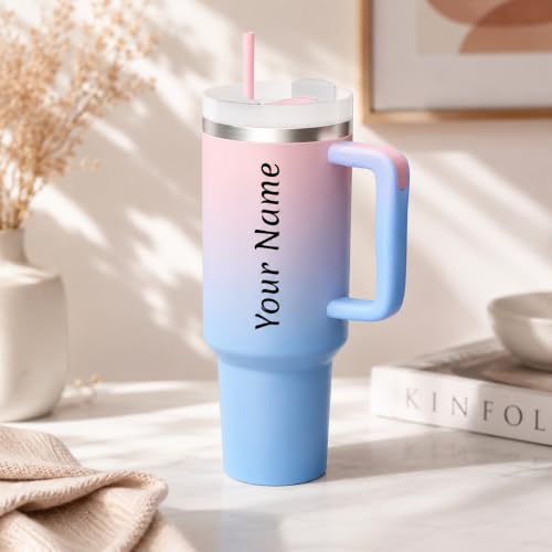 Image of WEZOSHINET Personalized 40oz / 1200ml Insulated Tumbler with Handle and Straw, Stainless Steel Travel Cup, Reusable Water Bottle with Leak-Resistant Lid, Cup Holder for Car, Office, Gym & Outdoor