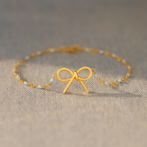 STORYJEWELLERY Gold Bow Bracelet for Women, Cute Charm Bracelets with 18K Gold Plated, Dainty Bracelet with Blue Beads, Trendy Bow Jewelry, Birthday Gifts for Women, Perfect Graduation Gifts by STORYJEWELLERY - Image 5