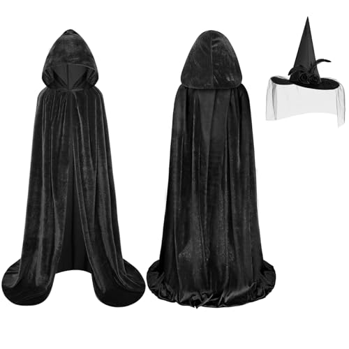 AUYAO Cape à Capuchon Enfants, Deguisement Halloween Enfant Robe Cape de Sorcière pour Filles, Costume Cape avec Capuche pour Halloween Carnaval Noël(100cm, Noir)