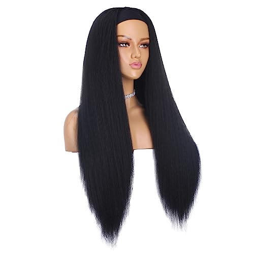 Xtrend 26 Inch Kinky Straight Yaki Headband Wig Long Straight Yaki Synthetic Black Hair Natural Looking Headband Attached Glueless Wigs Easy to Wear for Black Women 1B# - Image 2