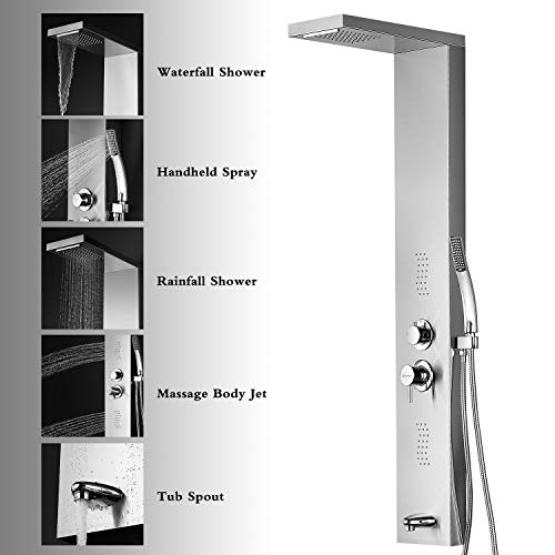 Adbatnos Shower Panel Multifunctional Shower Panel System Shower Tower, Rainfall Waterfall Spout, 2 Massage Jets, Tub Spout And Handheld Shower, 304 Stainless Steel Shower Panel With Body Jets (A01) #TOP2