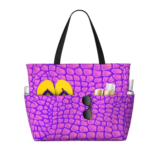 Grand sac de plage rose motif crocodile | Grand sac cabas fourre-tout pour femme avec poignées