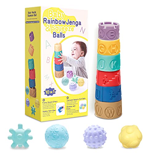 Weich Baby Bausteine mit Ball Baby Soft,Stapelbecher Bauklötze Baby Stapelturm Baby Sensorik Bälle Kleinkinder Babyspielzeug Motorik Kinder Spielzeug Lernspielzeug ab 6 9 12 Monate Cover