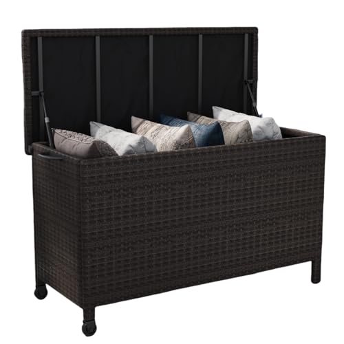 HarmonyHealth 120 Gallon Rattan Deck Box, Outdoor Storage Box With Wheels and Handle, Waterproof Large Storage Bench Organizer for Patio Backyard Cushions, Pool Supplies and Garden Tools, Brown