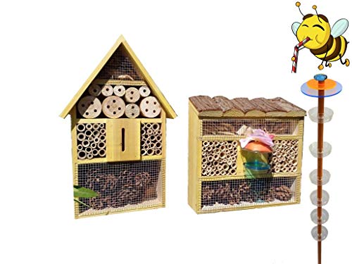 ÖLBAUM Gartendeko-Stecker mit Lichteffekt, Sonnenfänger als funktionale Bienentränke + 2X BIENENHAUS Insektenhaus,XXL…