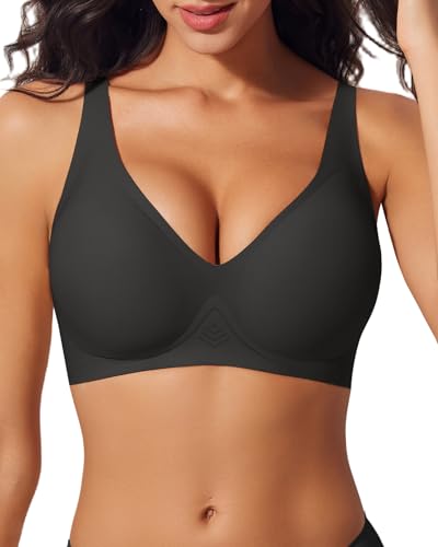 LIIJOO Push Up Bras for Women Wireless Deep V Sports Bra Seamless Comfort Bralette No Underwire Supportive Sexy Lift Everyday Workout Bra（Black, S Size）
