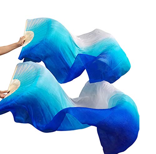 KIKIGOAL 1 Pair(Left+Right) Women Real Silk Belly Dance Fan Veil Length 180cm Width 90cm (gradual blue)