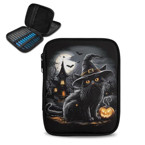 Image of Black Cat Crochet Hook Case Haunted House Bat Portable Knitting Needle Case with Web Pockets Swing Crochet Hooks Accessories Halloween Home Gifts