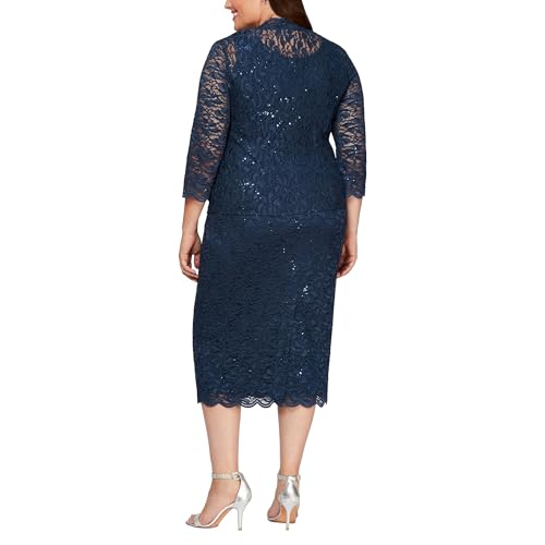Image of S.L. Fashions Women's Tea Length Sequin Lace Mother of The Bride Dress with Illusion Sleeve Jacket