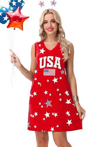 Image of Deerose Womens July 4th Sleeveless Dress American Flag Swim Cover Up Dress with Pockets