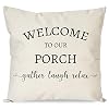 PANDICORN Country Farmhouse Pillow Covers 18×18 with Words Welcome to Our Porch for Home Farmhouse Decor Rustic Black and Cream Welcome Throw Pillow Cases for Outdoor Porch