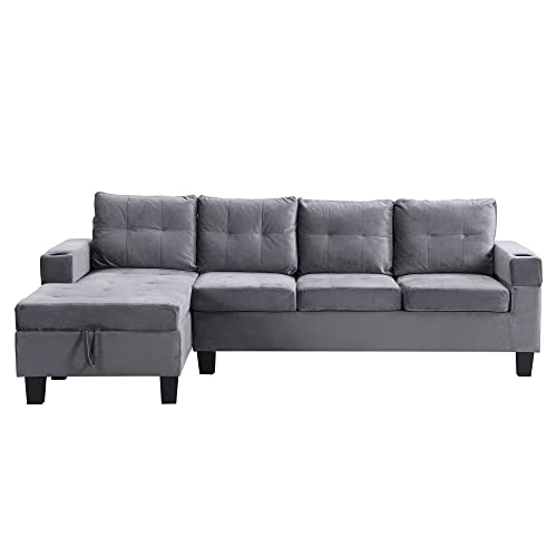 Dhhu Living Room, Sectional Sofa Lounge, 2 Cup Holders, Left Hand With Storage Chaise, 4-Seater L-Shape Couch For Home Office Apartment, C-Grey Fabric #TOP3