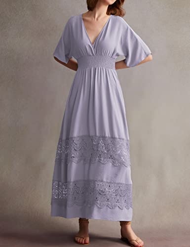 Image of Olaesa Boho Maxi Dress V Neck Short Sleeve Lace Smocked Waist Flowy Dress | Wedding Guest Dress with Pockets, Summer Bohemian Vacation Dress, Elegant Party Dress for Family photo& Baby Shower