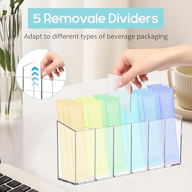 Qivine Drink Packet Organizer, Clear Water Drink Packet Holder, Acrylic Packet Organizer Pantry with 6 Compartments Removable Dividers for Table Refrigerator Cabinets Pantry (single)